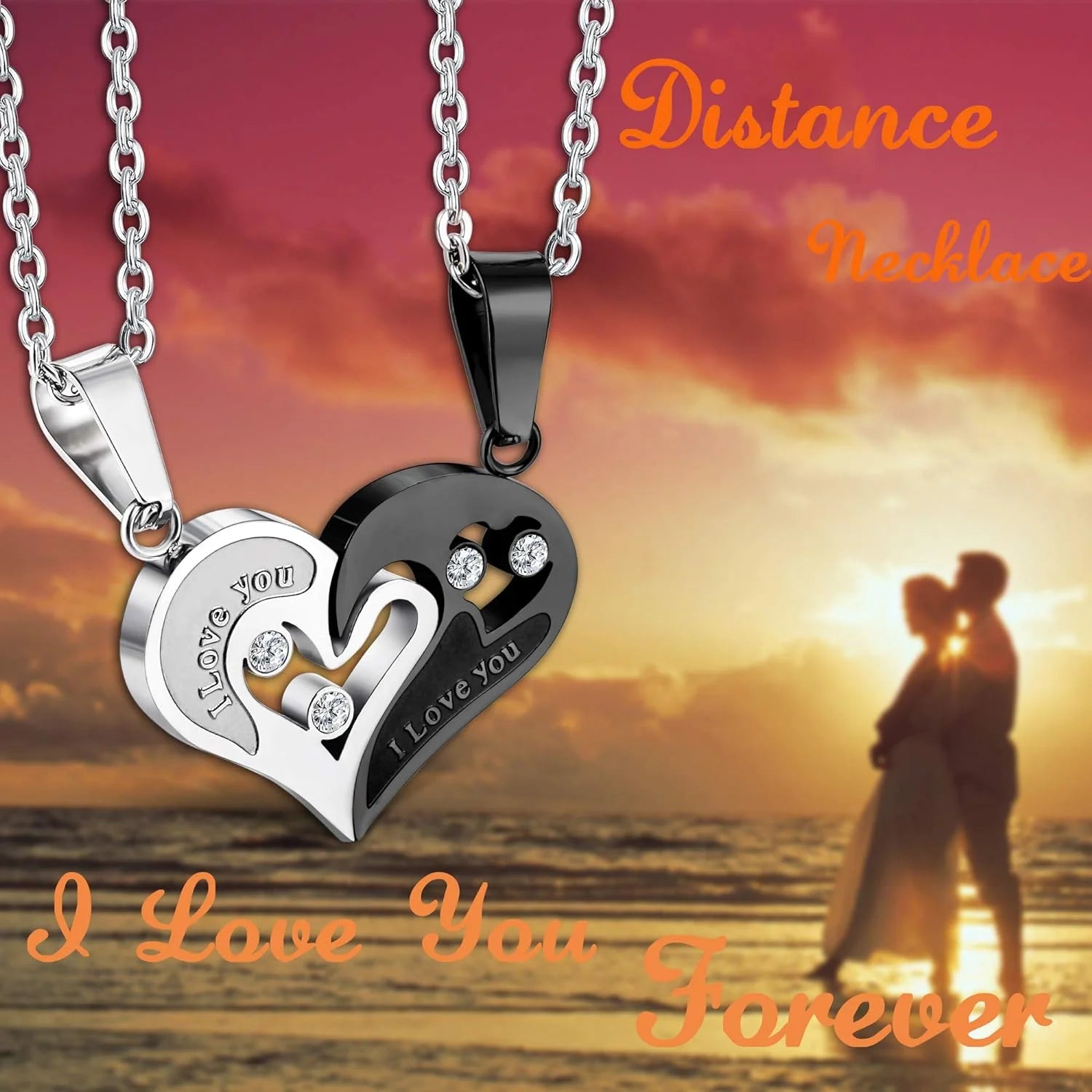 4Pcs Couple Necklace Bracelets Matching Set for Women Men Heart Pendant Necklace His & Hers Bracelets Couple Gift