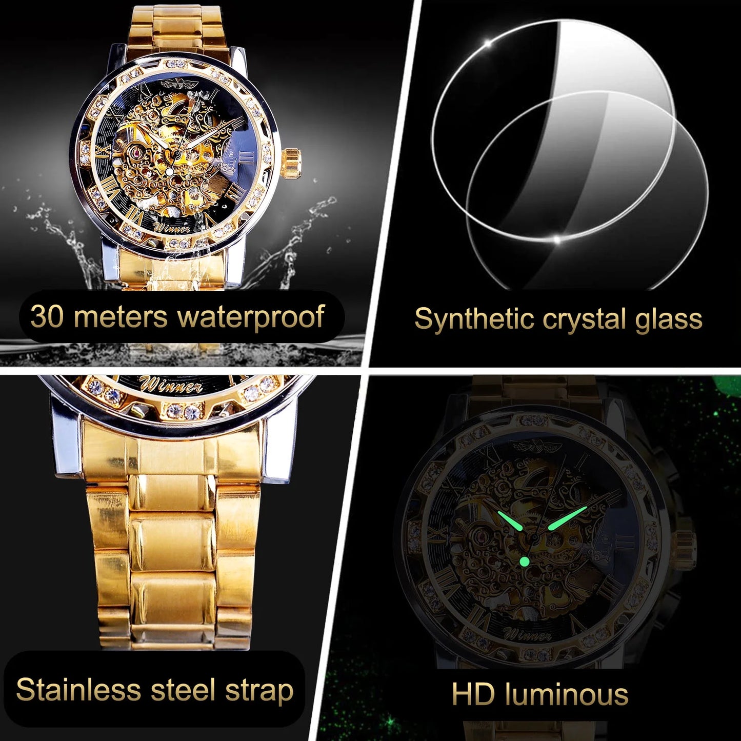 Men'S Watch for Business, Luxury Mechanical Skeleton Waterproof Automatic Self-Winding Rome Number Diamond Dial Wrist Watch