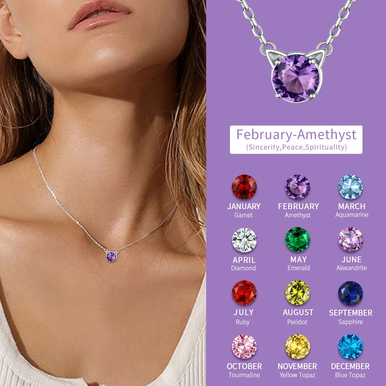 925 Sterling Silver Cat Necklace Girls Cute Cat Jewelry round Amethyst Pendant Necklace February Birthstone for Cat Lovers