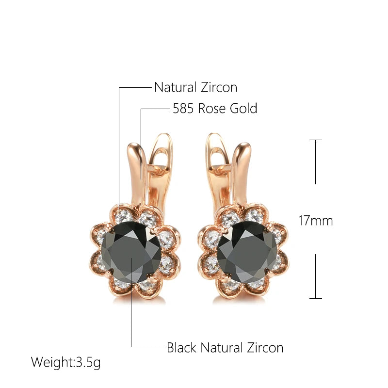 New 585 Rose Gold Pendant Earrings Center Inlay Black Zircon Surround Diamond Flower Pierced Earrings Women Fashion Accessories