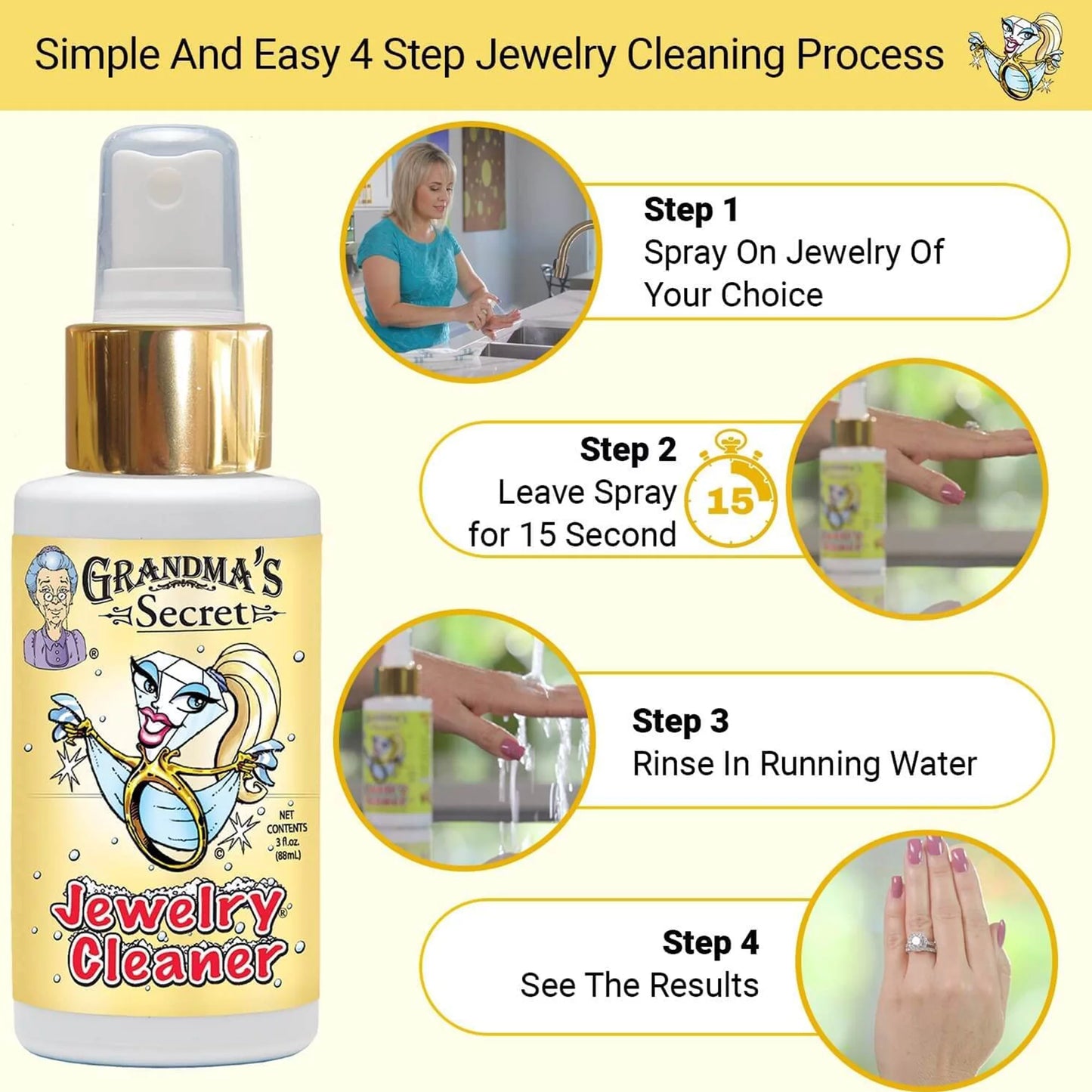 Grandma’S Secret Jewelry Cleaner Spray Gold Silver Cleaning Solution Tarnish Remover 3Oz 2 Pack