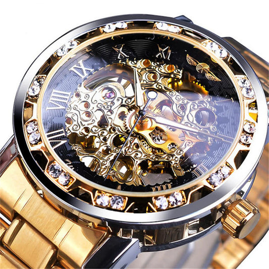 Men'S Watch for Business, Luxury Mechanical Skeleton Waterproof Automatic Self-Winding Rome Number Diamond Dial Wrist Watch