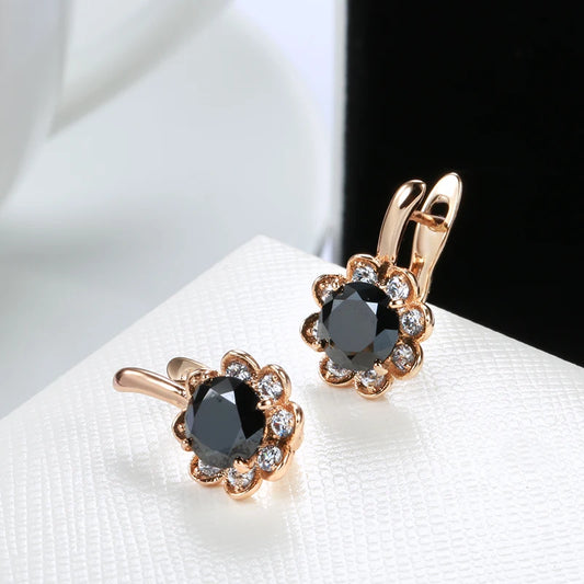 New 585 Rose Gold Pendant Earrings Center Inlay Black Zircon Surround Diamond Flower Pierced Earrings Women Fashion Accessories