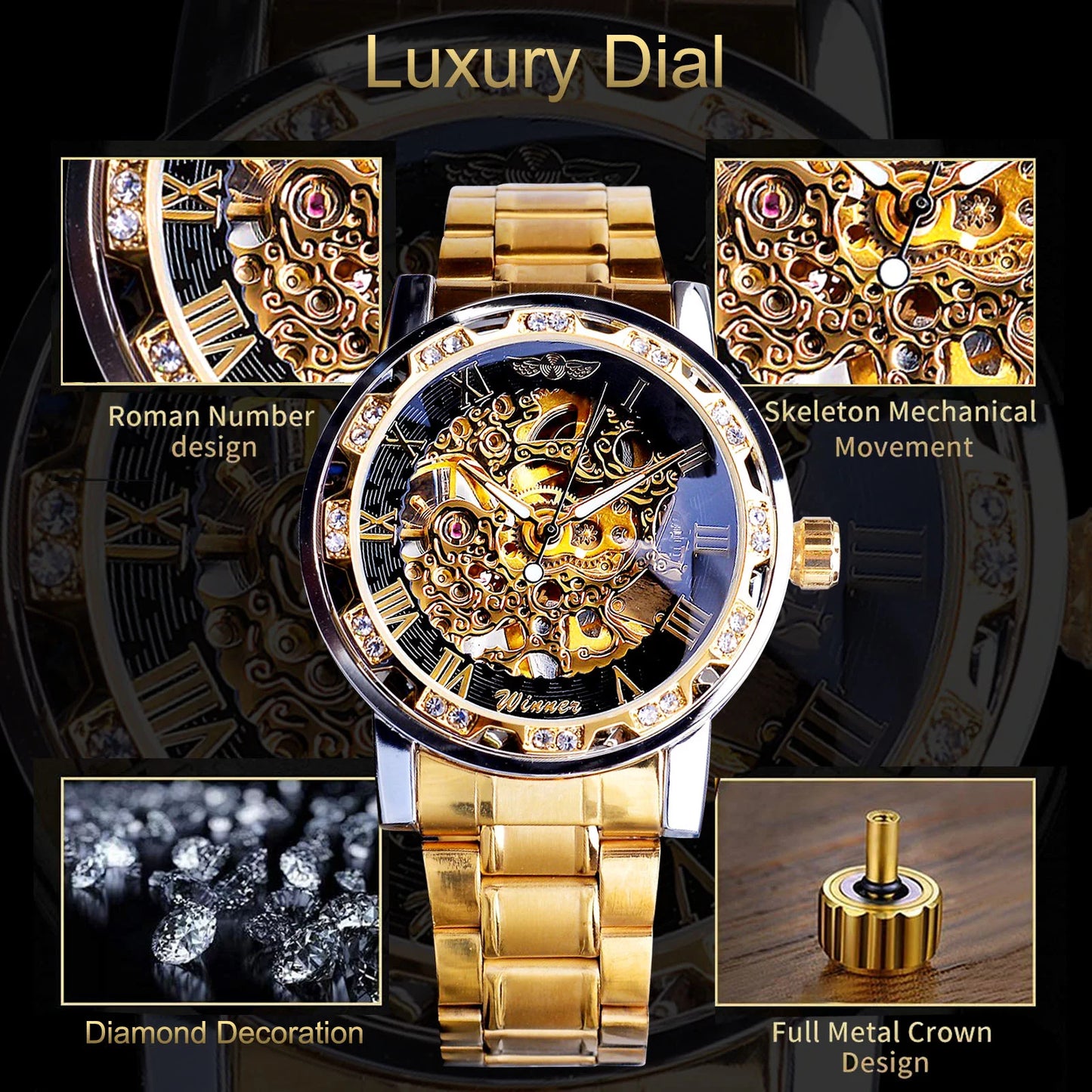 Men'S Watch for Business, Luxury Mechanical Skeleton Waterproof Automatic Self-Winding Rome Number Diamond Dial Wrist Watch