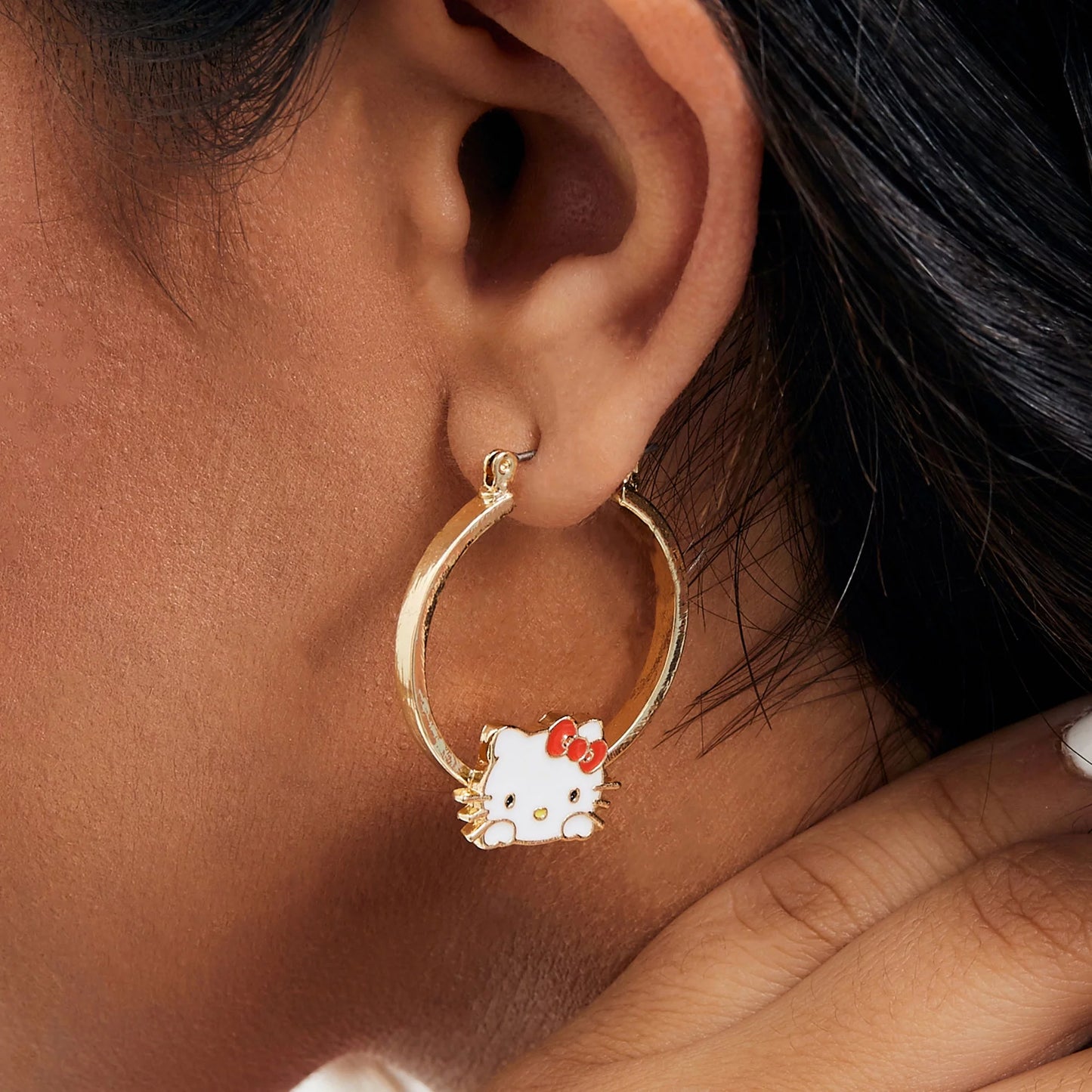 Hello Kitty Womens Hoop Earrings- Plated Gold and Enamel Hello Kitty Earrings- Hello Kitty Jewelry