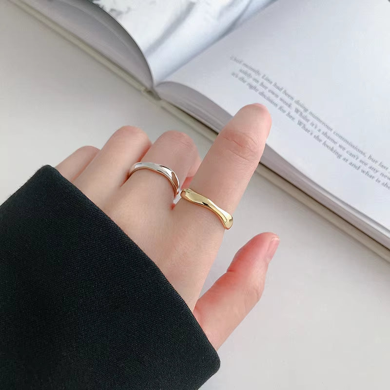 Silver Color Irregular Wave Rings Trendy Simple Geometric Handmade Jewelry for Women Couple Size 17Mm Adjustable