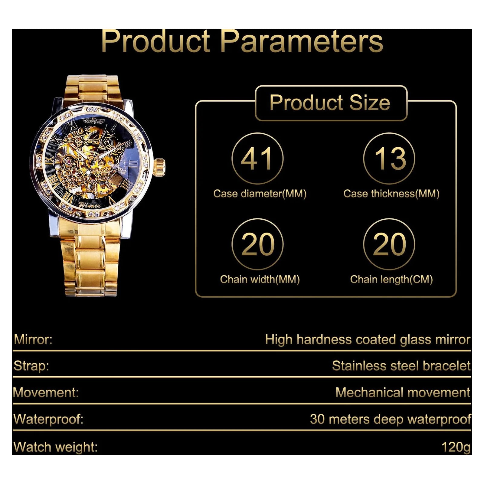 Men'S Watch for Business, Luxury Mechanical Skeleton Waterproof Automatic Self-Winding Rome Number Diamond Dial Wrist Watch