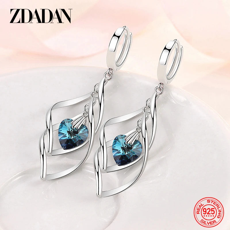 925 Sterling Silver Blue Crystal Necklace Earring Set for Women Fashion Wedding Jewelry Party Gift